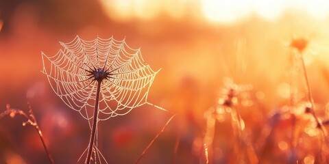 Poster - Autumn abstract background featuring a dry plant at sunrise with a spiderweb, in a vintage retro style.
