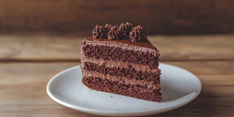 Poster - A slice of chocolate cake is set on a white plate against a wooden background with copyspace.