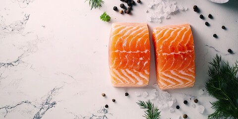 Poster - An overhead image of two salmon slices on a white surface, featuring space for text, accompanied by salt, pepper, and dill sprigs.