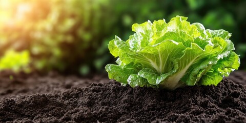 Aufkleber - Side view of fresh butterhead lettuce grown in soil. The vegetable is ready for harvest. A nutritious vegetable salad rich in vitamin fiber. Good food, good health concept. Copyspace.