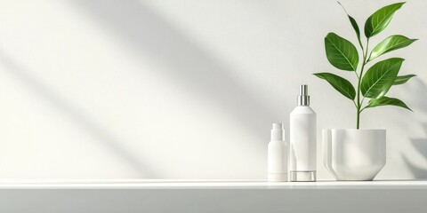 Poster - Minimal product display stand featuring cosmetic bottles and a green plant branch. Cosmetics display stand. Copyspace.