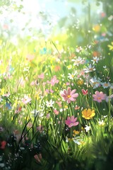 Aufkleber - A vibrant field of colorful wildflowers bathed in soft sunlight, creating a serene and cheerful atmosphere.
