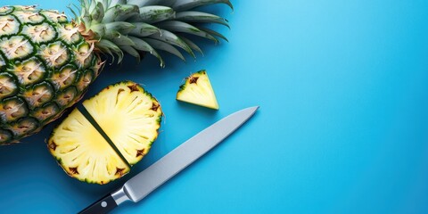 Aufkleber - Pineapple sliced with a knife on a blue backdrop. Vertical image. Copyspace for design. Summer food concept.