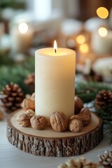 Wall Mural - Close up of christmas table with candle with candlestick, wreath, nuts, sculptures, personal accessories, holiday decoration Beautiful home decor, Generative AI