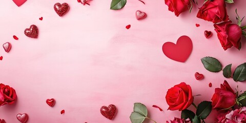 Aufkleber - Valentine's Day background greeting card featuring love symbols, red decorations, and roses on a pink backdrop. Top view with copy space and text. Flat lay.