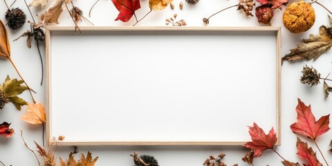 Poster - Autumn arrangement. Mockup of a photo frame featuring dried leaves and flowers on a white backdrop. Autumn, fall, Halloween theme. Flat lay, top view, copyspace, square.