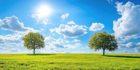 Poster - Spring view of a picturesque landscape featuring a green meadow and two trees under a sunny blue sky with clouds along the Atlantic coast.