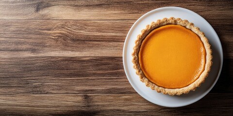 Poster - Pumpkin tart on a white plate resting on a wooden table with copy space.