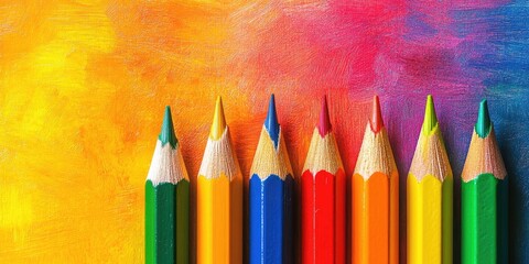 Poster - Brightly colored rainbow pencils on a vibrant background. Concept of art education.