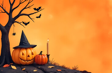 Halloween orange background with pumpkin and bats