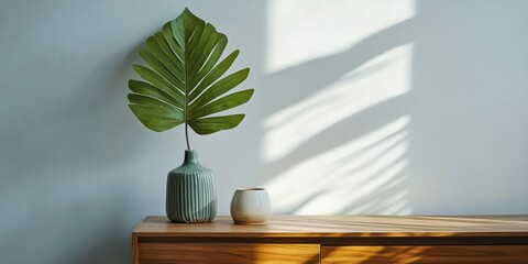 Poster - Minimalist living room interior concept in a stylish apartment featuring a wooden commode, a leaf in a ceramic vase, and refined personal accessories in contemporary home decor. Copy space. Template.
