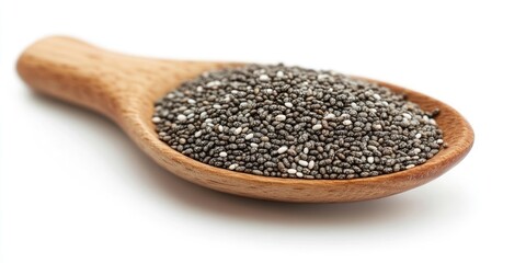 Poster - Chia seeds in a wooden spoon set against a white background.