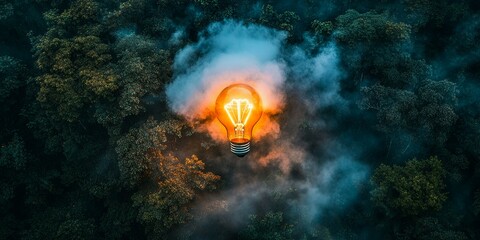 A glowing lightbulb shines in a forest.