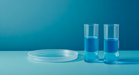 A close-up of two beakers filled with clear blue liquid, set against a blue background.