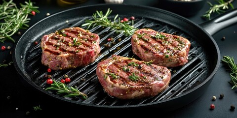 Poster - Raw veal steaks on a grill pan with herbs and spicy olive oil. Food preparation idea. Mockup