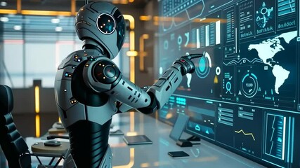 Poster - A futuristic robotic assistant analyzing global data in a high-tech command center