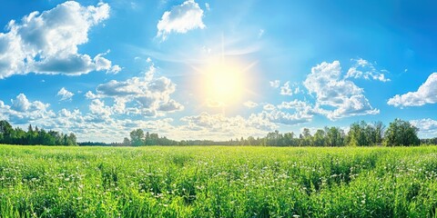 Poster - Vibrant green spring field under a blue cloudy sky, copyspace.