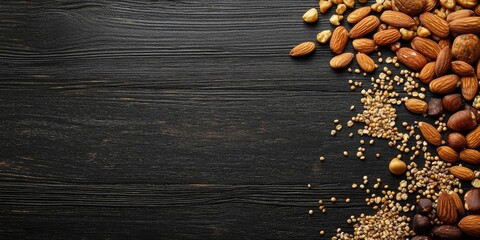 Poster - nuts and cereal seeds on a black wooden table background