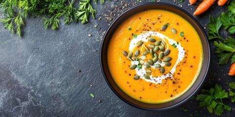 Aufkleber - Vegetarian pumpkin and carrot cream soup garnished with cream and pumpkin seeds on a stone tabletop. A cozy, healthy slow food idea for fall and winter. Top view. Copy space.