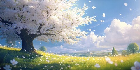 Wall Mural - A Cherry Blossom tree bursting with white flowers on a sunny day.