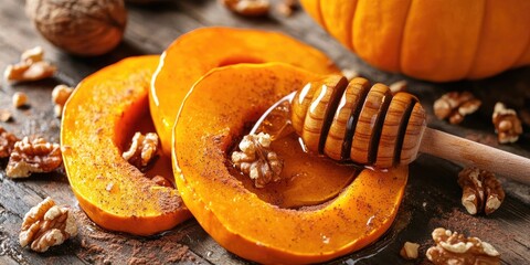 Poster - Pumpkin dessert. Oven-roasted pumpkin slices drizzled with honey, sprinkled with cinnamon and walnuts on a rustic tabletop.