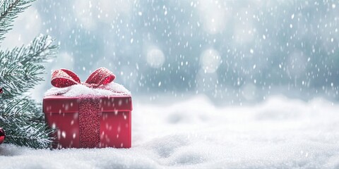 Poster - Christmas background featuring a red ornament gift box and fir tree in the snow. Merry Christmas and Happy New Year greeting card with copyspace. Holiday background for Christmas celebrations.