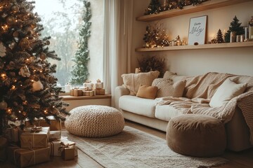 Wall Mural - Amazing and cozy christmas living room interior with modular sofa, boucle armchair, wooden consola, candlestick, christmas tree, gifts, decoration and, Generative AI