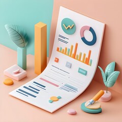 Poster - 3D Illustration of a Colorful Business Report with Charts  Graphs  and Icons