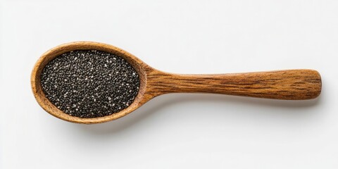 Poster - Chia seeds in a wooden spoon set against a white background.