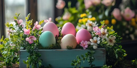 Aufkleber - Easter decoration featuring Easter eggs, boxwood, and flowers.