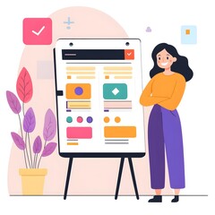 Poster - Woman Presenting Website Design On Whiteboard With Colorful Elements
