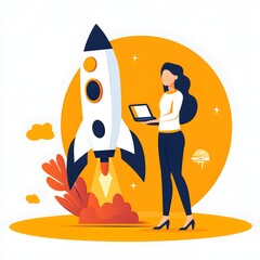 Poster - Businesswoman with Rocket Launch Startup Concept Illustration