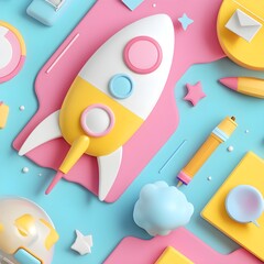 Poster - Colorful 3D Rocket Illustration with Geometric Shapes and Stars