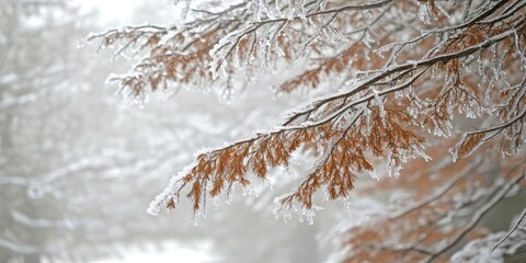 Poster - Frost-covered branches of Metasequoia, dressed in shimmering brown, embody the beauty of winter's icy grip.