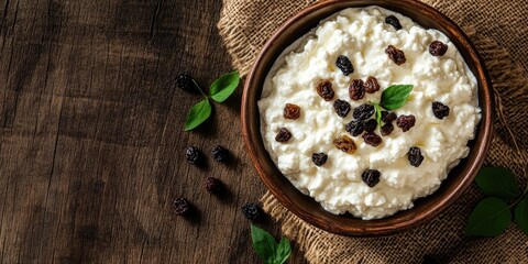 Canvas Print - Cottage cheese in a bowl with sour cream and raisins on a rustic wooden background, featuring copy space for your text. Top view.