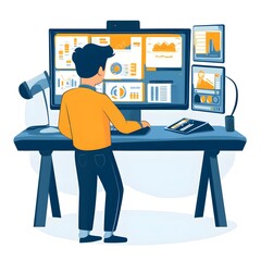 Poster - Businessman Analyzing Data on Multiple Screens at His Desk