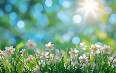Poster - A vibrant scene featuring delicate flowers basking in bright sunlight, set against a blurred green backdrop with soft bokeh effects.