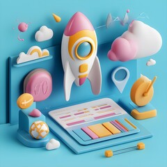 Poster - 3D Cartoon Rocket Launching  Business Startup Concept