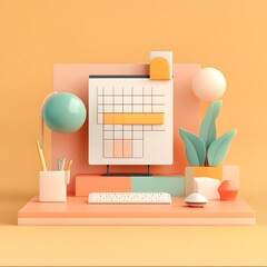 Poster - Minimalist 3D Desktop with Calendar  Keyboard and Plants