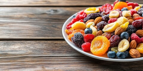Poster - Dried fruits on a white plate on a wooden table. A combination of various nuts and berries, rich in vitamins. Includes copyspace for text.