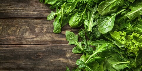 Poster - Fresh green salad featuring spinach, arugula, and lettuce on a wooden table with copy space.