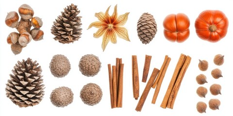 Poster - Isolated image featuring cones, physalis, chestnuts, cinnamon, and acorns set against a white background.
