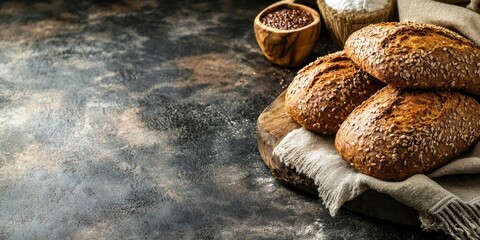 Poster - Flax seed bread from the bakery, a healthy meal or snack on the table, with copy space and a rustic food background.