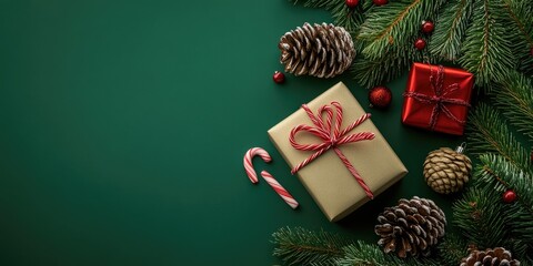 Wall Mural - Top view of the Christmas and New Year holidays theme featuring pine cones, a gift box, candy cane, Christmas ball, and festive decorations on a green paper background with copy space.