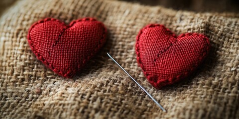 Aufkleber - Valentine's Day red heart emblem with a needle on a textured fabric sack background.