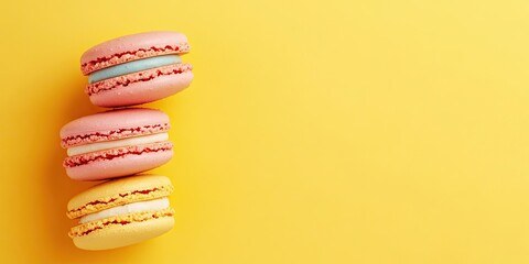 Poster - Colored macaron or macaroon, a sweet meringue-based treat on a yellow background. Close-up, copyspace.