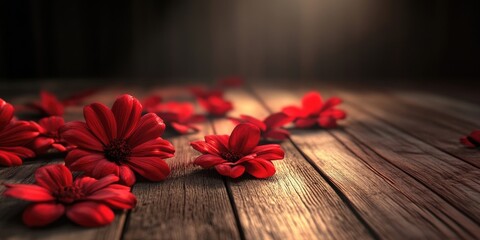 Aufkleber - Red flowers set against a wooden floor.