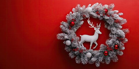 Aufkleber - Christmas wreath featuring white pine branches, white reindeer, and ball decorations against a red background. Creative copyspace layout. Flat lay backdrop.