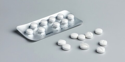 Aufkleber - White tablets in a foil blister against a gray background, with a few tablets consumed. Copy space.