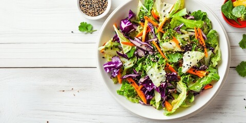 Poster - Tasty salad featuring Chinese cabbage and mustard seed dressing on a white wooden table, top view.